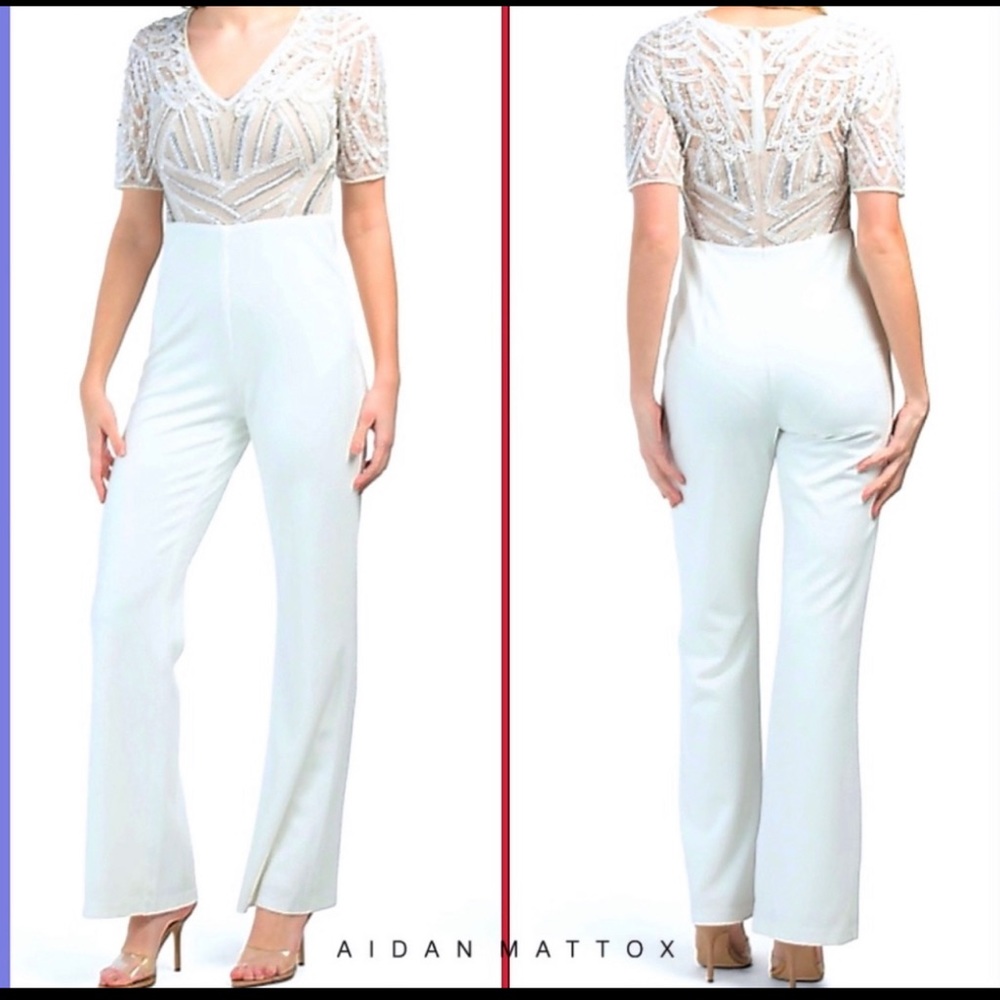 White Designed Beaded Jumpsuit